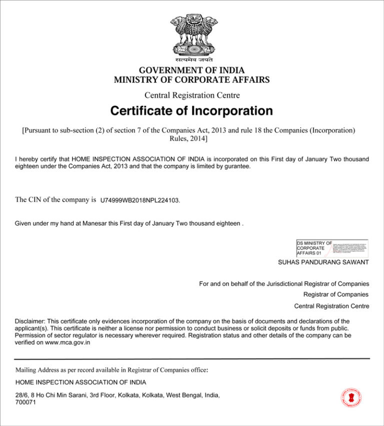 CERTIFICATEOFINCORPORATION(a4) Professional Home Inspection, India