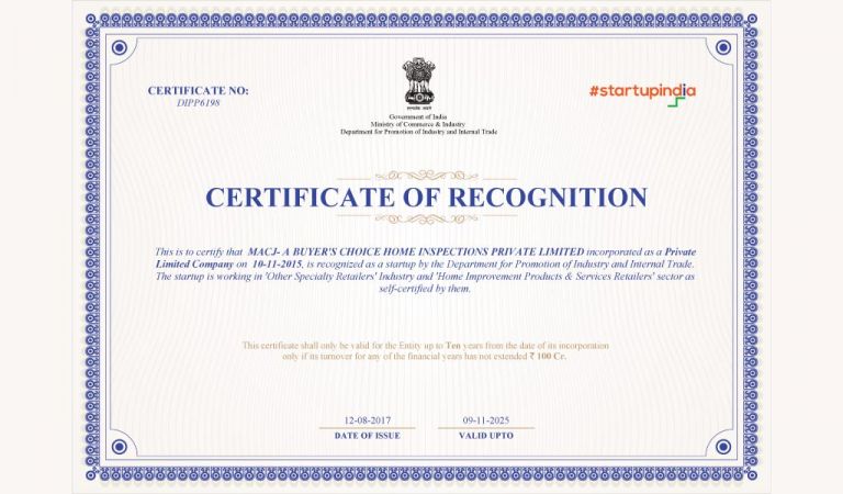 Certificate of Recognition - Startup India - Professional Home ...