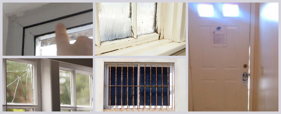 Gaps around the frame, loose hinges and latches, doors making a creaking sound, cracked glass in the window panes, rust in the iron grills are common issues in door and windows.