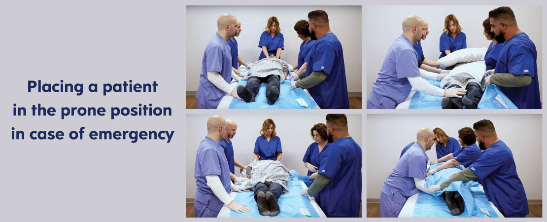 A five-step process to place a patient in the prone position in the case of emergency.